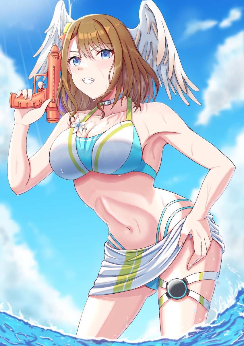 1 chica seductor piernas desnudas pechos grandes bikini ojos_azules cabello_marrón escote eunie_(xenoblade) piernas nintendo pareo pistola de agua mojado xenoblade_(serie) xenoblade_chronicles_3 ノン