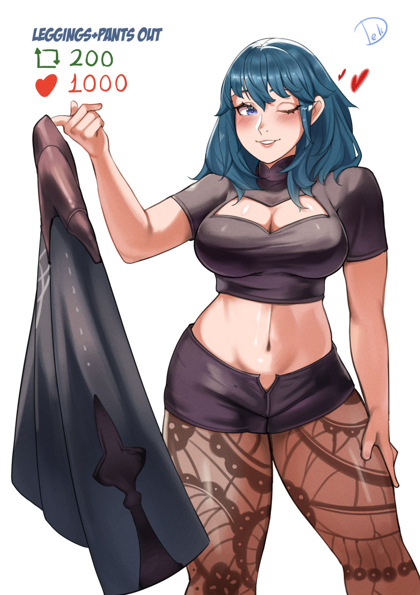 1girl absurd_res seductor pechos grandes camisa_negra pantalones_cortos_negros ojos_azules sonrojo byleth_(emblema_de_fuego) byleth_(emblema_de_fuego)_(mujer) escote escote_recorte ropa_recorte comentario crop_top deliciososujetador deliciosocerebro pies_fuera_del_marco solo_mujer emblema_de_fuego emblema_de_fuego:_tres_casas sonrisa mano_arriba leggings de alta_resolución cabello_largo mirando_al_visor meme abdomen ombligo nintendo one_eye_closed pantyhose pantyhose_under_shorts camisa pantalones cortos_cortos mangas_cortas pantalones cortos fondo_simple sonrisa de pie estómago pelo_verde azulado twitter_strip_game_(meme) fondo_blanco