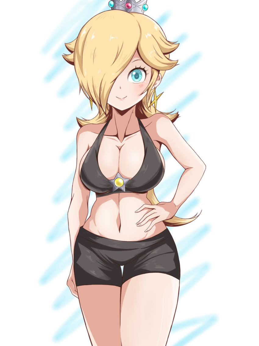 1girl flequillo seductor shorts_negros top_negro cabello_rubio ojos_azules sonrisa de corona cubierta_de_ojo mario_(serie) nintendo princess_rosalina rosalina corona_plateada sujetador_deportivo accesorio_estrella yassrosalina