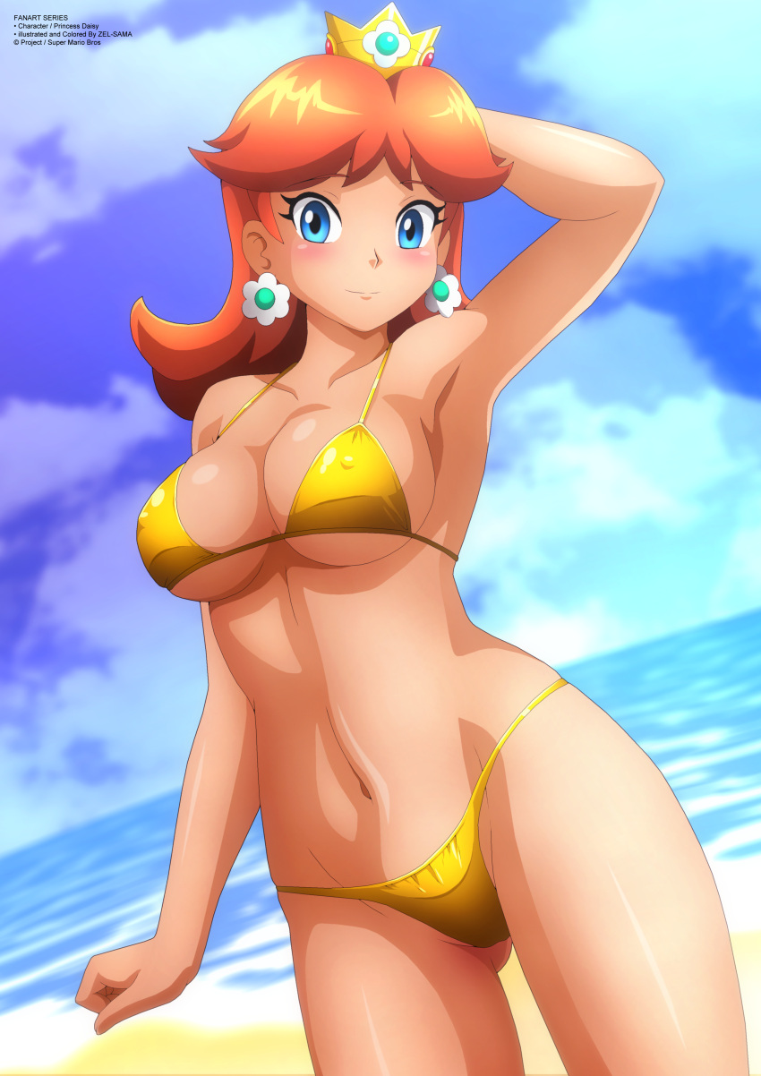 1 chica seductor bikini pechos escote mario_(serie) pechos medianos nintendo princess_daisy pelo_rojo realeza tiara mojado zel-sama