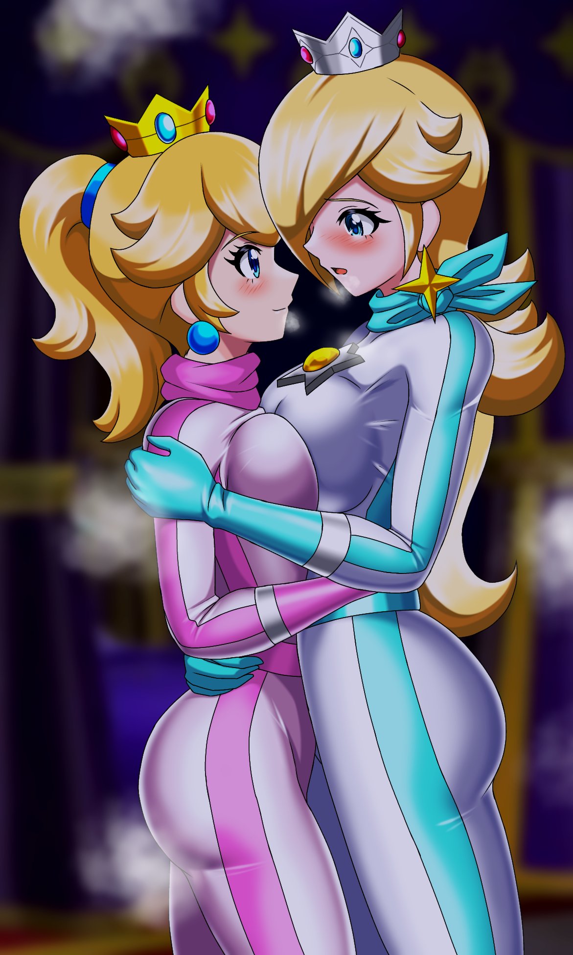 2_chicas seductoras cabello rubio traje senos solo mujer irohazakajoven mirando_entre_cada_otro mario_(serie) múltiples_chicas nintendo princesa_peach princesa_rosalina rosalina super_mario_bros.  super_mario_bros._(película_2023) the_super_mario_bros_movie yuri