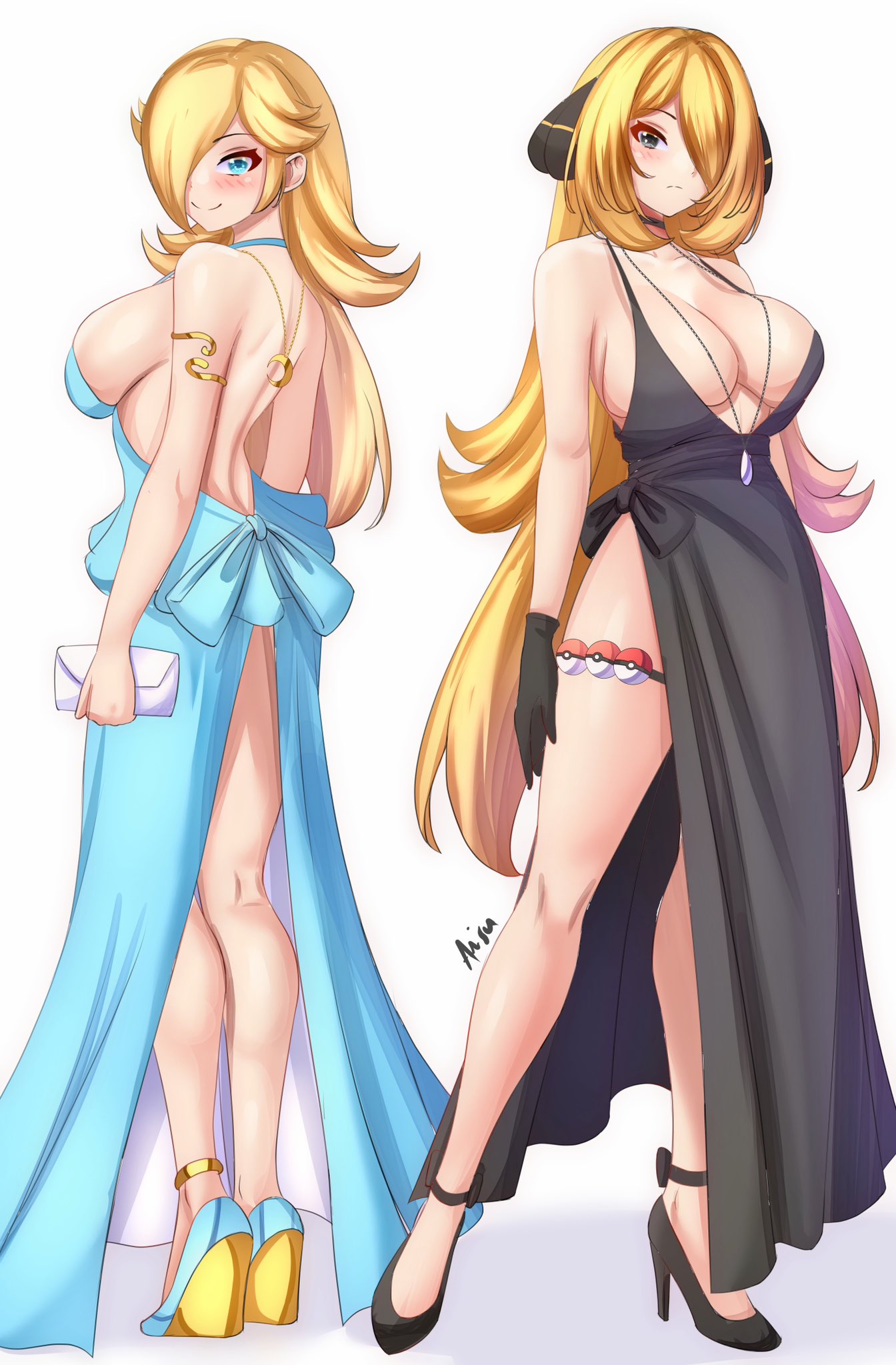 2_chicas seductoras traje_alterno anisdrawn vestido_negro cabello_rubio vestido_azul ojos_azules pechos crossover cynthia_(pokemon) vestido solo mujer_ojos_grises tacones altos nintendo pokemon princesa_rosalina rosalina super_mario_bros.