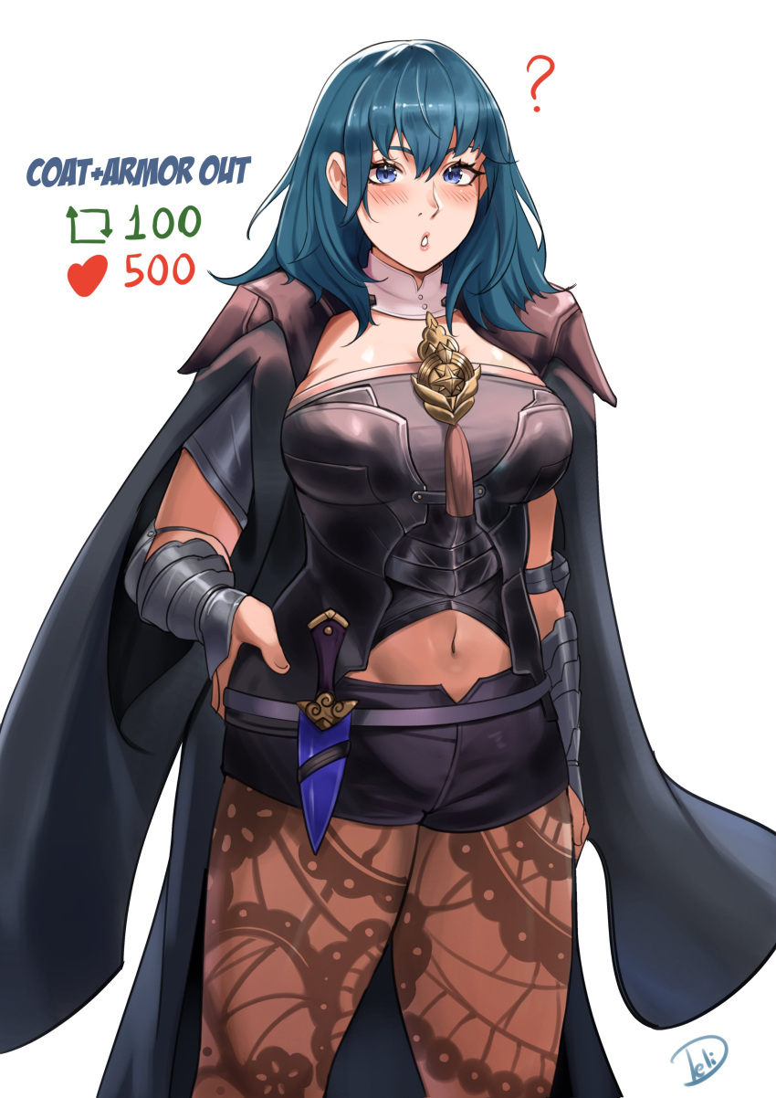 1 chica? absurd_res seductor brazalete cinturón de armadura big_breasts black_shorts ojos_azules rubor corpiño bustier byleth_(fire_emlem) byleth_(fire_emlem)_(femenino) ropa_corte comentario cowboy_shot daga deliciosobra deliciosocerebro solo mujer emblema_de_fuego emblema_de_fuego:_tres_casas corazón cuchillo de alta resolución leggings mirando_al_visor meme ombligo recorte_del_ombligo pantimedias nintendo pantimedias_debajo_pantalones cortos parted_lips vaina enfundado short_shorts pantalones cortos hombro_armor borla de pie pelo_verde azulado muslos cuello alto twitter_strip_game_(meme) brazales cintura_capa arma