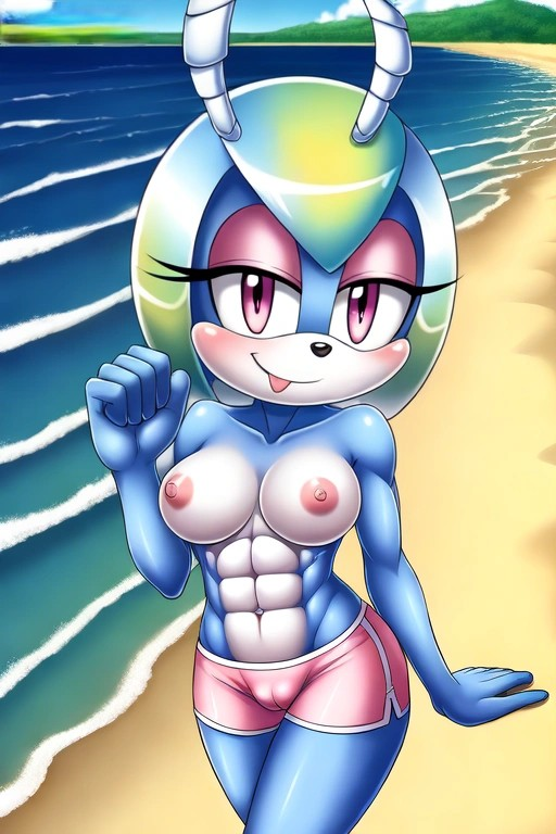 abs ai_generated playa pechos joya_el_escarabajo mobians.ai pezones nuggeto mar playa sega pantalones cortos sonic_the_hedgehog_(serie) topless topless_female