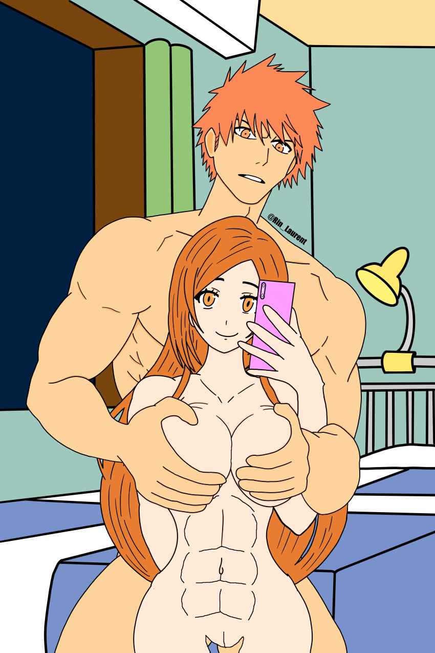 1boy 1girl abdominales atlético_femenino atlético_masculino piernas_desnudas pechos_grandes lejía pareja_canon completamente_nude abdominales femeninos en forma_femenino en forma manos_cubriendo_pechos inoue_orihime kurosaki_ichigo kurosaki_orihime desnudo nude_selfie ojos_naranjas cabello_naranja teléfono coño rin_laurent selfpic