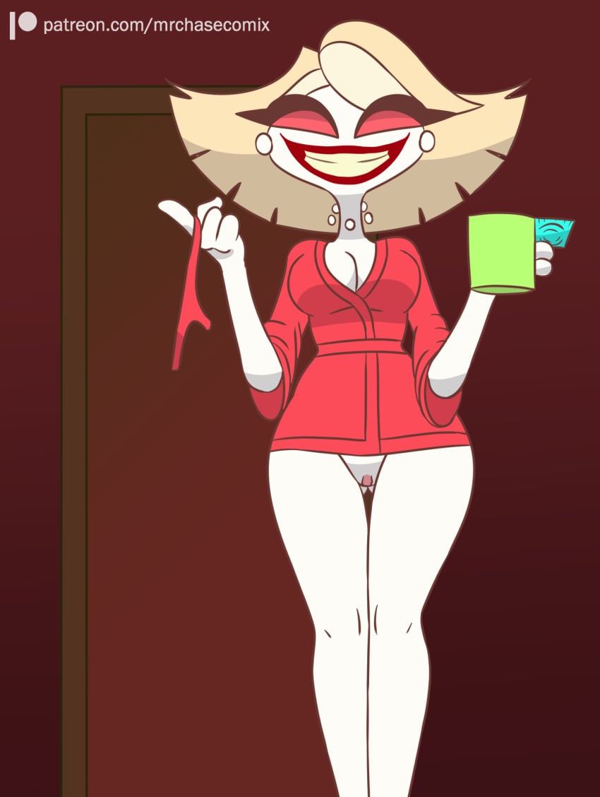 1girl 1girls pelo_rubio pechos ropa café condón demonio chica_demonio hazbin_hotel katie_killjoy_(hazbin_hotel) mr._chase_comix bragas ojos_rosas coño sonrisa de pie pelo_lacio ropa interior vivienne_medrano cuerpo_blanco piel_blanca