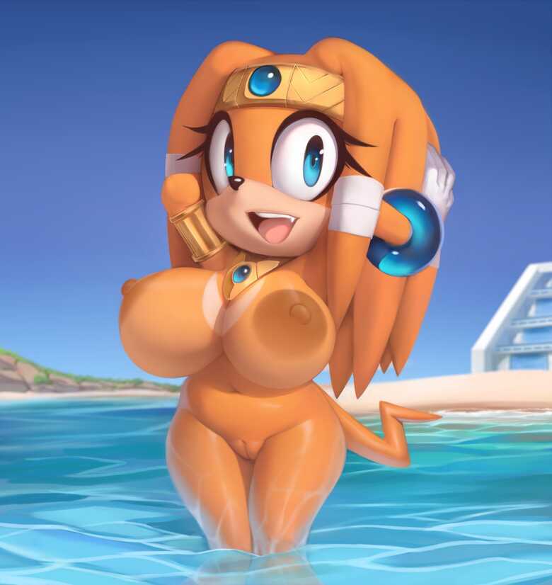 1girl anthro areola areola grande pechos equidna hembra peludo pechos enormes mysticalpp ombligo pezones desnudo mujer desnuda parcialmente sumergida pezones hinchados coño sega skinny_dipping solo sonic_adventure sonic_the_hedgehog_(serie) tagme tikal_the_echidna vadeando agua