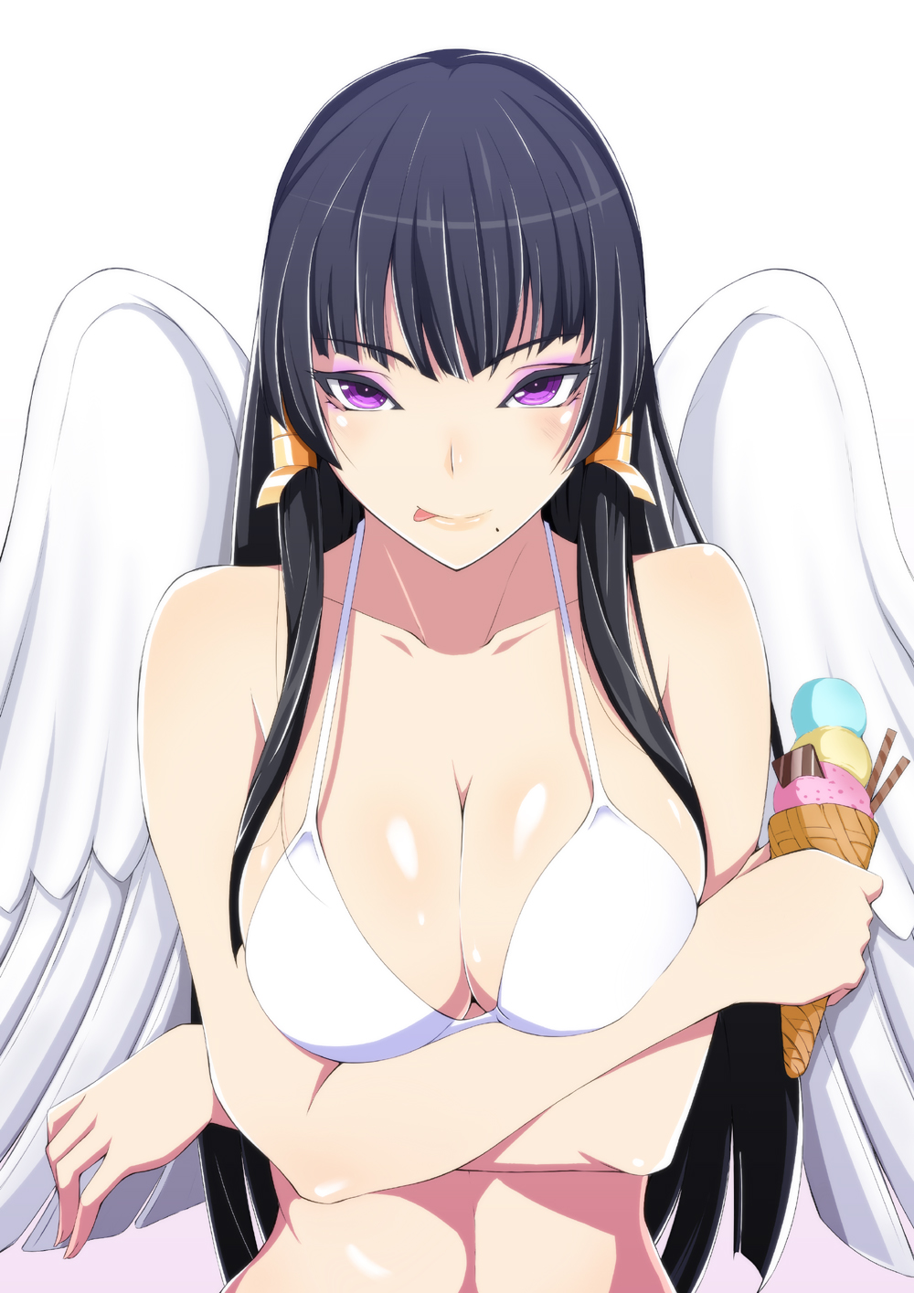 1girl 1girl :p seductor hombros_desnudos pechos_grandes bikini alas_de_pájaro pelo_negro rubor pecho_sostener pechos escote clavícula brazos_cruzados dead_or_alive dead_or_alive_6 dead_or_alive_xtreme dead_or_alive_xtreme_2 dead_or_alive_xtreme_3 dead_or_alive_xtreme_3_fortune dead_or_alive_xtreme_beach_volleyball dead_ or_alive_xtreme_venus_vacation sombra de ojos enfoque_femenino comida fondo_degradado alta_resolución hime_cut sosteniendo helado cono_de_crema konishiki_(52siki) lamiendo_labios sonrisa_ligera labios cabello_largo mirando_al_espectador maquillaje topo mole_bajo_la boca nyotengu fondo_púrpura ojos_púrpuras piel_brillante traje de baño tecmo lengua lengua fuera parte superior del cuerpo bikini_blanco alas_blancas alas