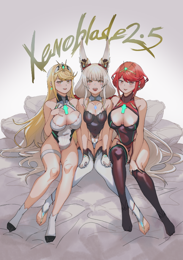 3_chicas disfraz_adaptado seductor orejas_animal cama pechos_grandes cabello_rubio pechos orejas_de_gato personaje_muñeca pecho_joya escote_corte ropa_recorte núcleo_cristal_(xenoblade) pezones_erectos_cubiertos cubiertas_ojeras marca_facial cabello_gris sosteniendo arma_sosteniendo kayano_yuki leotardo mirando_al_visor low_twintails multiple_girls Mytra Mytra_(massive_melee)_ (xenoblade) nia nia_(blade)_(xenoblade) nia_(xenoblade) nintendo pezón_slip pezones traje de baño de una sola pieza pyra pyra_(pro_swimmer)_(xenoblade) red_eyes red_hair rex_(xenoblade) sentado sonrisa medias traje de baño tiara twin_tails arma marcas_de_bigote xenoblade_(serie) xenoblade_chronicles_2 ojos_amarillos