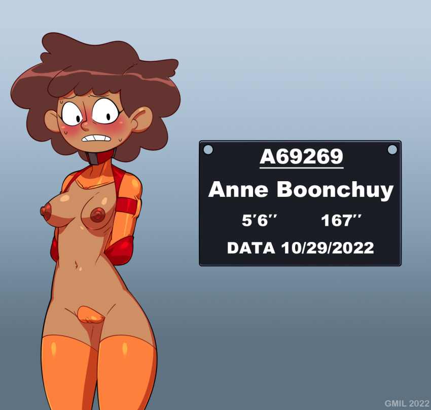 1girl 1girl 1girls 2022 amphibia anne_boonchuy areola brazos_detrás_espalda rubor bondage pechos cabello_marrón mujer de piel oscura piel oscura disney solo mujer gmil látex humano calzas maebari pezones del ombligo calzas_naranjas cabello corto medias de pie sudor texto