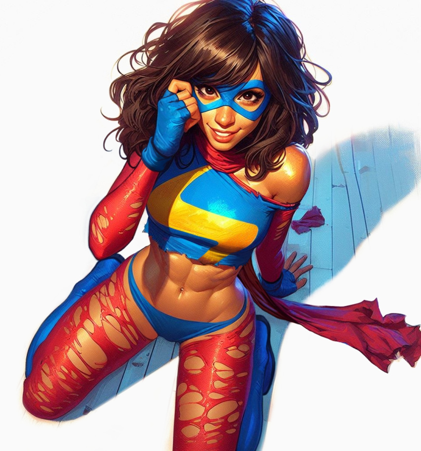 1girl abdominales ai_edit ai_generated mujer_atlética botas ojos_marrones cabello_marrón piel_marrón mujer_de_piel_oscura hombros_expuestos antifaz guantes sonrisa kamala_khan cabello_largo mirando_al_espectador marvel marvel_comics abdomen ms._marvel mujer_musulmana mujer_paquistaní bragas bufanda sombra sonrisa medias superheroína ropa_ropa_piernas_desgarradas muslos_desgarrados