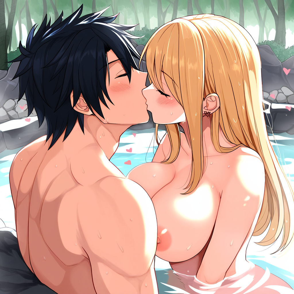 ai_generated rubor pechos fairy_tail grey_fullbuster implied_sex besos lucy_heartfilia pezones pixiv pareja_romántica saludable