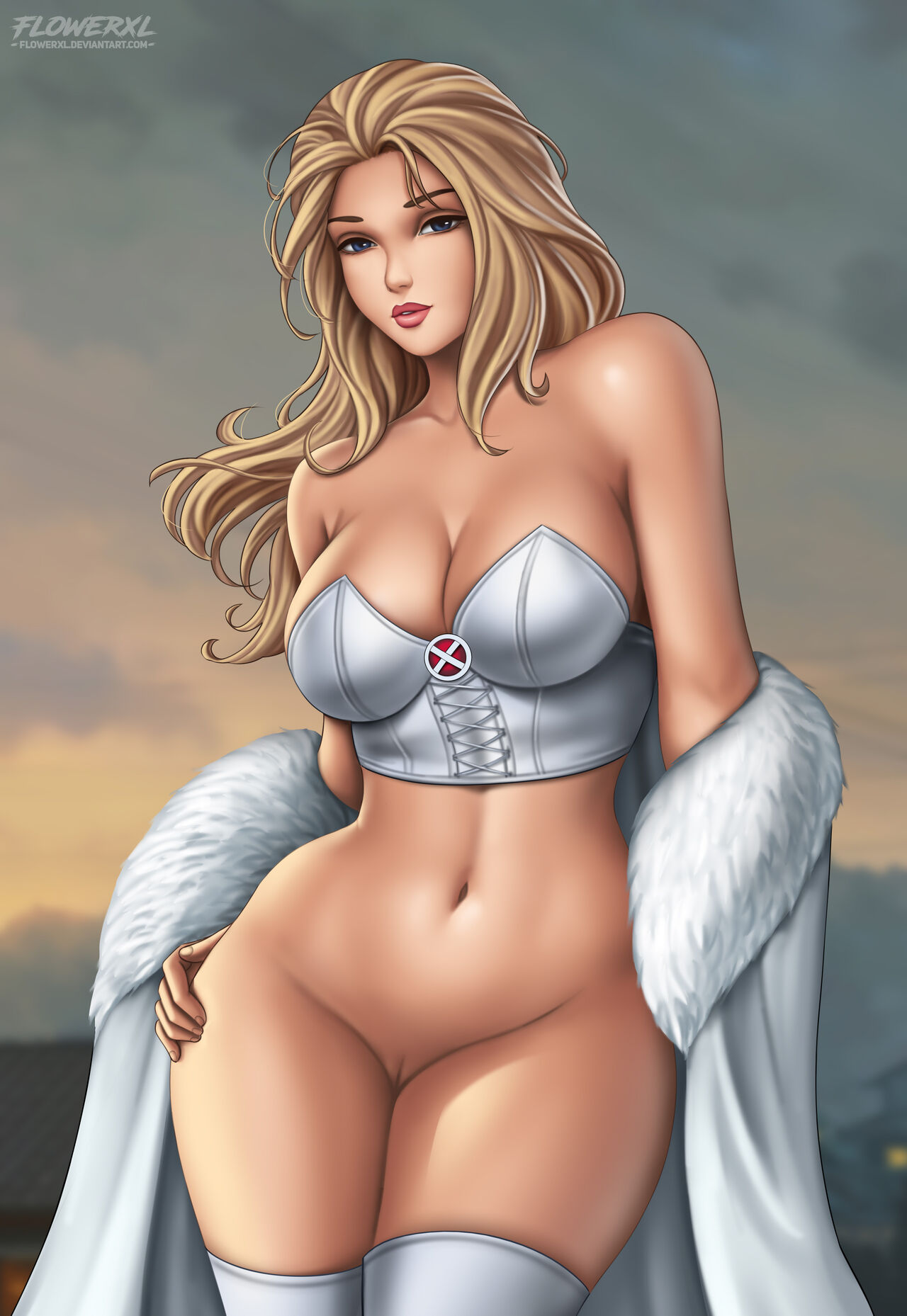 1girl 1girl versión_alternativa_disponible logo_de_pechos grandes pechos_grandes cejas_negras mujer_rubia cabello_rubio ojos_azules pechos abrigo personaje_libro_de_comics fondo_detallado emma_frost solo_femenina florxl chicas mano_en_muslo pelo_largo marvel marvel_comics sin_bragas mujer_de_piel pálida coño muslos tacones_altos_blancos reina_blanca top_blanco pantalla ancha x-men