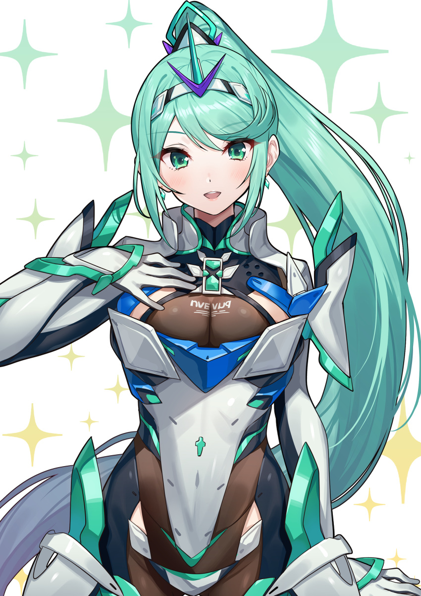 1girl 1girl absurd_res seductor big_breasts pechos chest_jewel green322 green_hair alta_resolución pelo_largo nintendo pneuma_(xenoblade) cola de caballo pelo_muy_largo xenoblade_(serie) xenoblade_chronicles_2