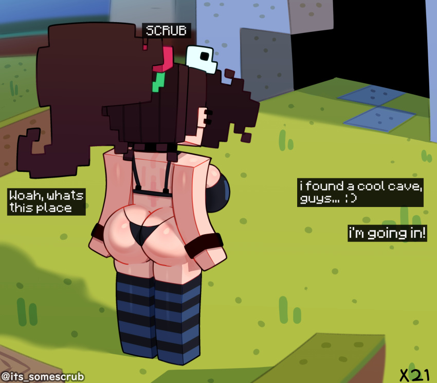 1girl vista_de_espalda culo grande pechos grandes cuerpo en bloque sujetador femscrub gótico chica gótica minecraft cola de caballo somescrub piernas a rayas tanga