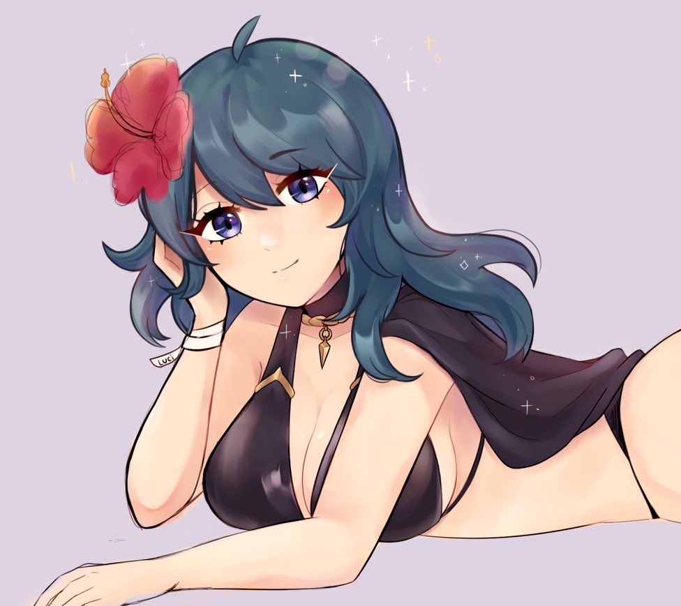 1girl seductor traje_alternativo bikini_pechos_grandes bikini_negro traje de baño_negro byleth_(emblema_de_fuego) byleth_(emblema_de_fuego)_(mujer) byleth_(verano)_(emblema_de_fuego)_(mujer) solo mujer_emblema_de_fuego emblema_de_fuego:_tres_casas emblema_de_fuego héroes mirando_al_visor nintendo oficial_disfraz_alternativo traje de baño purrlucii pelo_verde azulado