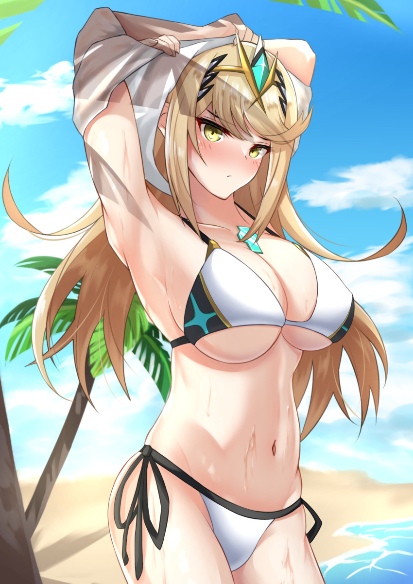 1girl 1girl 1girl seductor playa pechos grandes bikini parte inferior del bikini parte superior del bikini rubia cabello_rubio pechos nubes core_crystal ega-chan egatyan1410 enfoque_femenino solo cabello_largo mirando_al_visor abdomen mytra ombligo nintendo océano afuera palmeras camisa corbata_bikini traje de baño con corbata lateral cielo traje de baño tiara árboles desnudándose agua mojado bikini_blanco camisa_blanca traje de baño_blanco xenoblade_ (serie) xenoblade_chronicles_2 ojos_amarillos