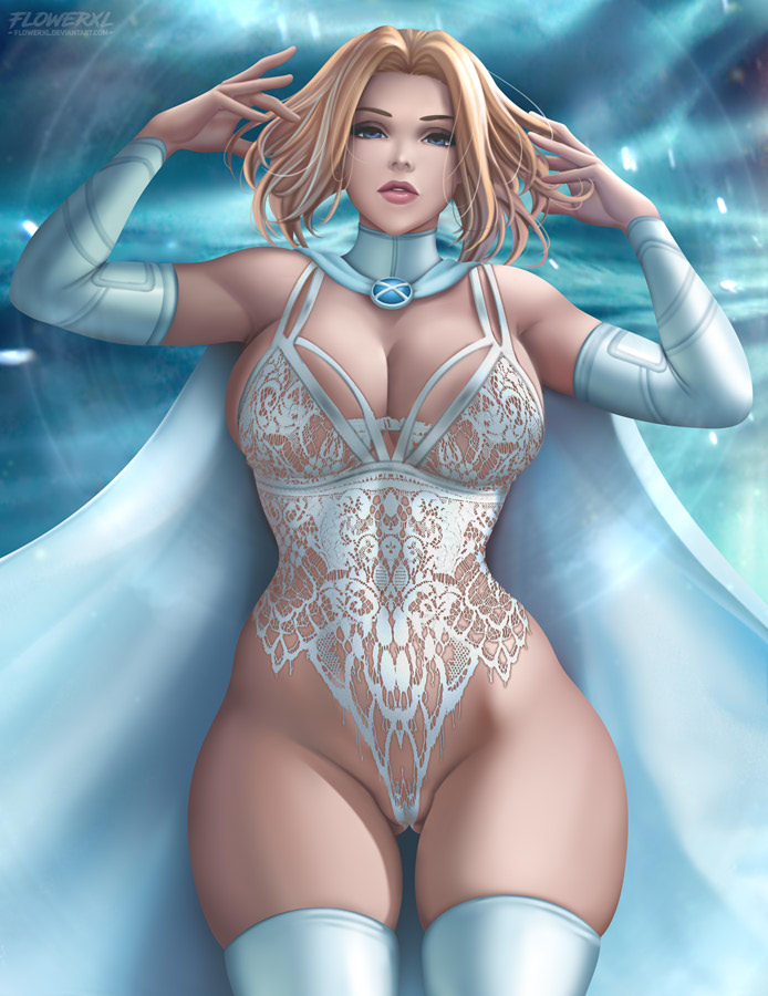 1girl 1girl 1girls pechos grandes pechos grandes pechos escote emma_frost solo mujer florxl escote_completo lencería mirando_al_espectador marvel marvel_comics teddy_(ropa) muslos_gruesos lencería_blanca reina_blanca caderas_anchas x-men