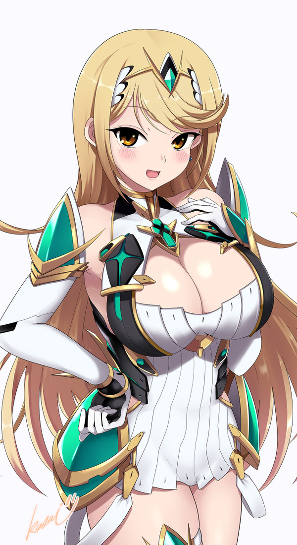 1chica 1chica seductor pechos grandes cabello_rubio sonrojo ventana_boob ropa vestida linda kasai_shin mirando_espectador mitra falda muslos xenoblade_(serie) xenoblade_chronicles_2