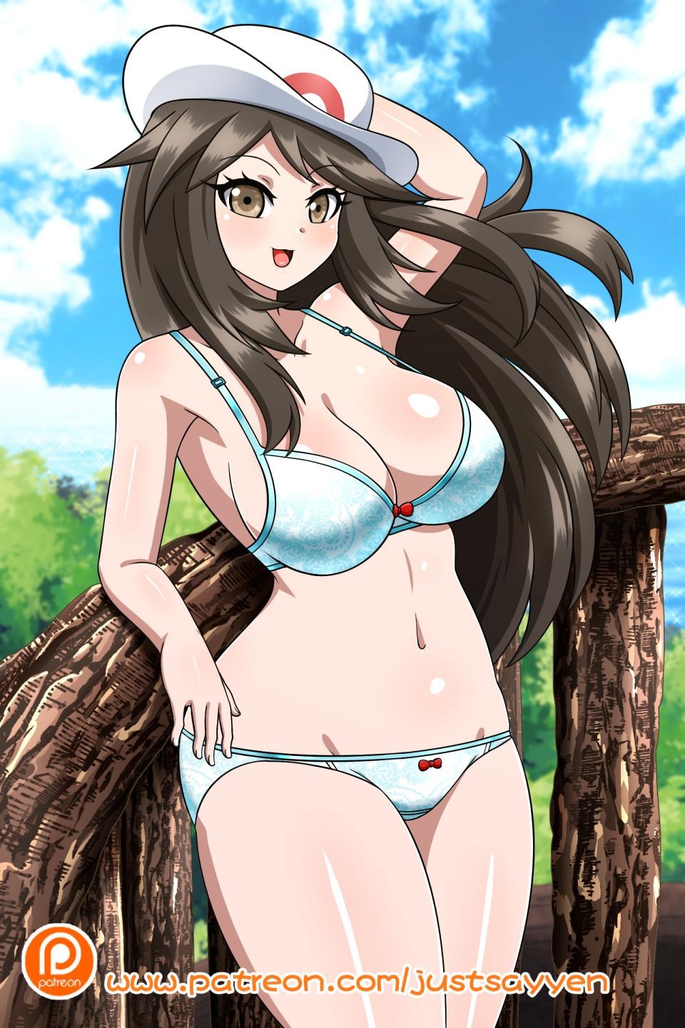 1girl 1girl seductor pechos grandes sujetador_azul bragas_azules ropa interior_azul sujetador ojos_marrones cabello_marrón cabello_marrón_femenino juego_freak verde_(pokemon) hoja_(pokemon) nintendo al aire libre afuera afuera bragas pokemon pokemon_rgby ropa interior yensh