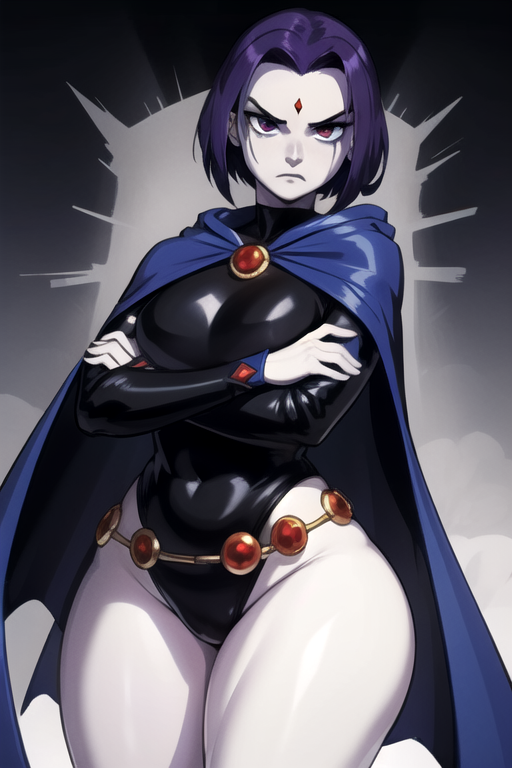 1girl ai_generated cinturón pechos grandes pechos capa daidouji_(artista) daidoujipv dc_comics mujer piel gris caderas capa con capucha leotardo mirando_al_visor ojos_morados pelo_morado rachel_roth raven_(dc) solo tagme titanes_adolescentes muslos_gruesos caderas_anchas