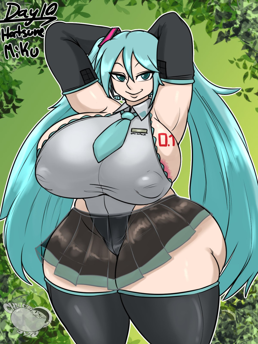 1niña brazos_detrás_de_la_cabeza gran_culo_pechos_grandes miku_hatsune pezones_visibles_a través_de_la_ropa falda sonrisa de satisfacción petulante muslo_botas_altas corbata vocaloid caderas_anchas