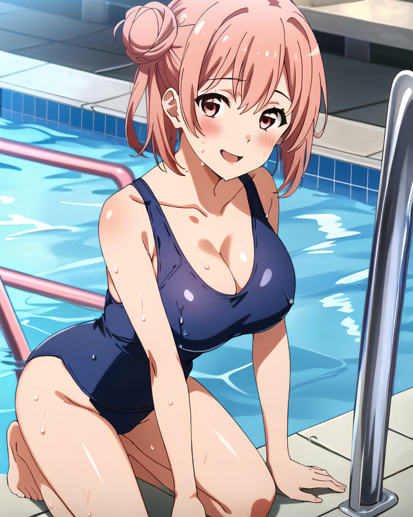 1 chica seductora piernas_desnudas pechos grandes bikini escote bikini de una pieza ojos rosados ​​junto a la piscina pelo rojo suynifo piscina_de_natacion mojado yahari_ore_no_seishun_lovecome_wa_machigatteiru. yuigahama_yui