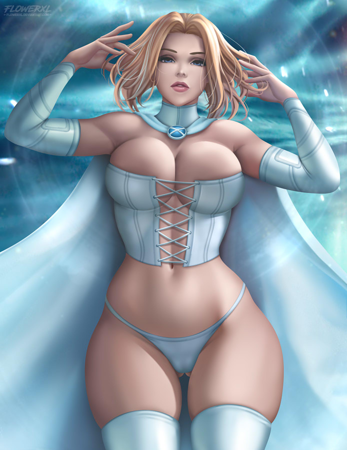 1girl 1girl 1girls medias de brazos culo visible a través de los muslos pechos grandes pechos grandes sujetador pechos bustier capa escote corsé emma_frost solo_femenina florxl escote completo lencería marvel mutante ombligo bragas platino_rubia_pelo solo_female sugerente tagme muslos_gruesos muslos tanga ropa interior lencería_blanca reina_blanca caderas_anchas x-men