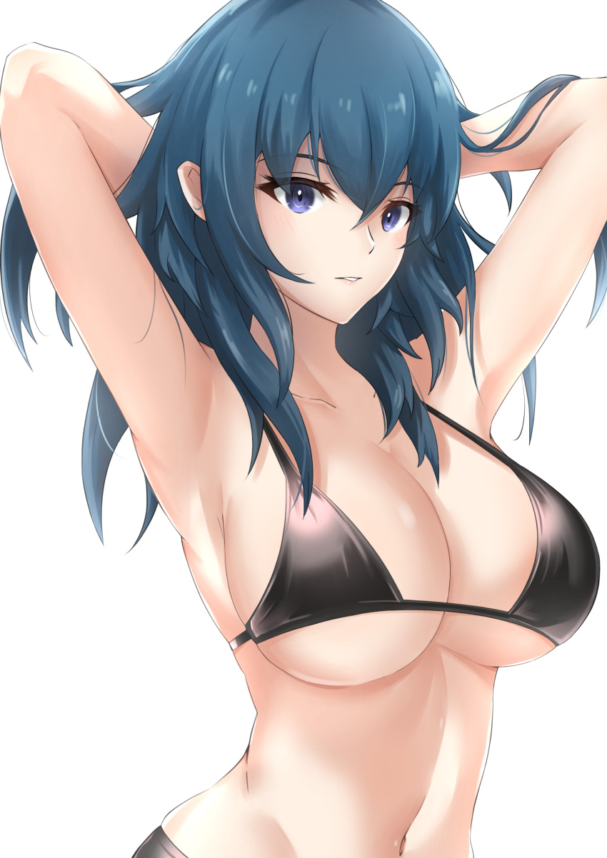 1girl 1girl absurd_res seductor brazos arriba brazos_desnudos pechos grandes bikini bikini_negro ojos_azules pechos byleth_(emblema_de_fuego) byleth_(emblema_de_fuego)_(mujer) clavícula ega-chan emblema_de_fuego emblema_de_fuego:_tres_casas cabello_entre_ojos alta_resolución cabello largo mirando_al_espectador ombligo nintendo labios_partidos fondo_simple estómago traje de baño cabello_verde azulado parte superior del cuerpo blanco_ fondo