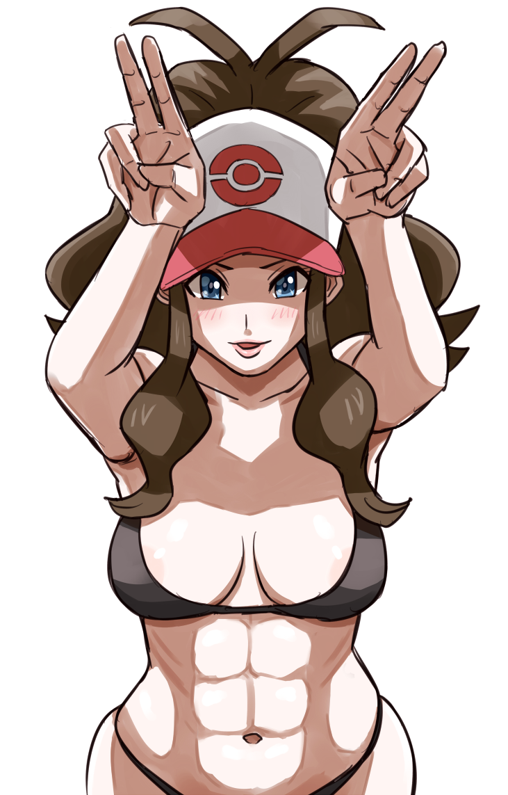 1girl abs seductor areola_slip brazos_arriba atlético_femenino gorra de béisbol bikini bikini_negro ojos_azules rubor pechos cabello_marrón escote criaturas_(compañía) abs_femenino fit_female game_freak sombrero hilda hilda_(pokemon) pelo_largo mirando_al_visor pechos medianos nakaba nintendo boca_abierta pokemon pokemon_bw cola de caballo sonrisa traje de baño touko touko_(pokemon) v