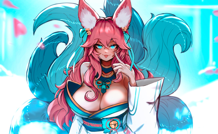 1girl ahri_(league_of_legends) akanbe animal_ear_pelusa orejas_animales hombros_desnudos campana ojos_azules arco_cola_azul pechos escote mangas_separadas ehrrr tirón_párpado marca_facial orejas_zorro cola_zorra campana_cabello lazo_cabello adorno_cabello mano_arriba alta_resolución ropa_japonesa liga_de_leyendas cabello_largo mirando_al_visor colas_múltiples uñas_polis h pétalos cabello_rosa flor_espíritu_ahri cola de pie lengua lengua afuera marcas_de_bigotes en la parte superior del cuerpo