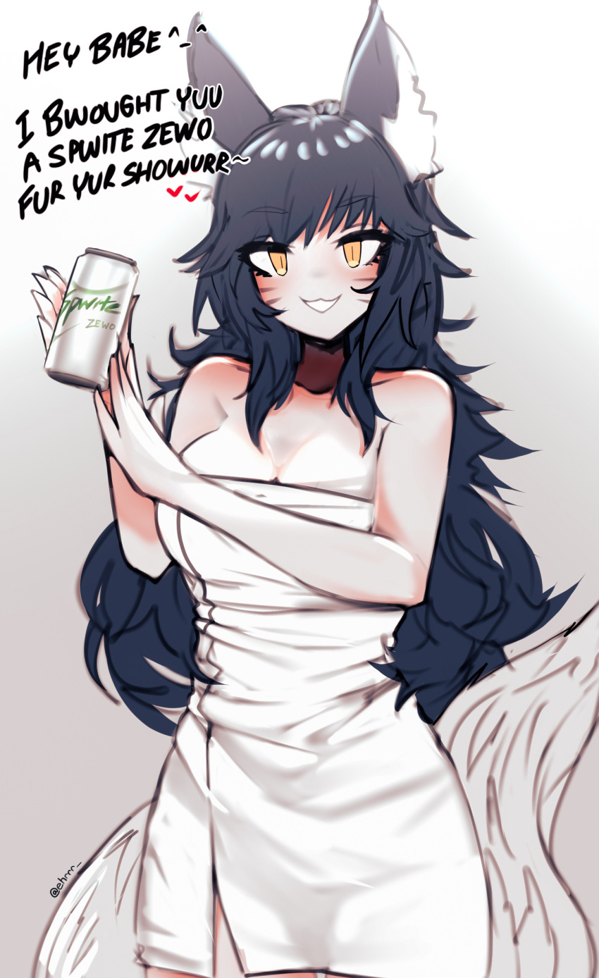 1girl ahri_(league_of_legends) animal_ear_pelusa orejas_animales hombros_desnudos pelo_negro pechos pueden beber_lata ehrrr texto_inglés alta_resolución liga_de_leyendas pelo_largo mirando_al_espectador toalla_desnuda fondo_simple refresco lata_de_carbono sprite_(bebida) toalla de cola ojos_amarillos