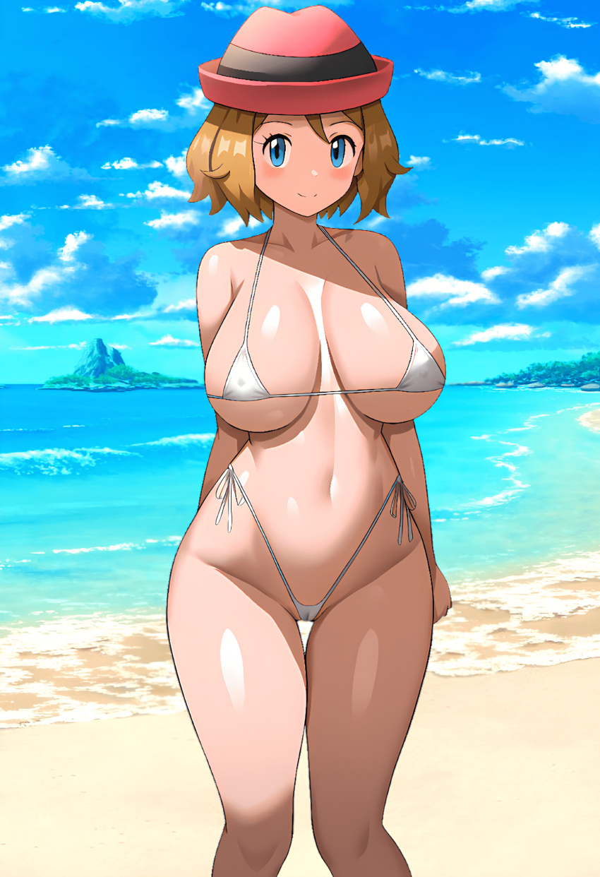 1girl ai_generated playa bikini cabello_rubio ojos_azules senos enfoque_femenino sombrero_freak_de_alta_resolución caderas pechos_enormes mujer_de_piel_clara piel_clara microbikini ombligo nintendo océano pokemon pokemon_xy serena_(pokemon) pelo_corto difusión_estable muslos_gruesos muslos agua caderas_anchas