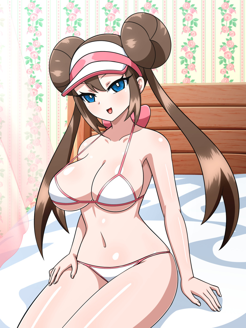 1girl 1girl 1girl seductor cama pechos grandes bikini pechos vestida mujer vestida enfoque_femenino solo mujer completamente vestida cabello largo mirando_al_visor mei_(pokemon) nintendo en_la cama pokémon pokemon pokemon_bw pokemon_bw2 rosa rosa_(pokemon) solo_female traje de baño tagme yensh