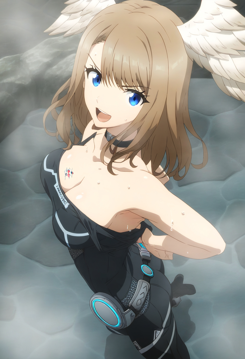 1 chica seductora cabello castaño rojizo pechos grandes ojos_azules body tatuaje de pecho escote eunie_(xenoblade) nintendo onsen vapor desnudándose xenoblade_(serie) xenoblade_chronicles_3 クベン_/_kben