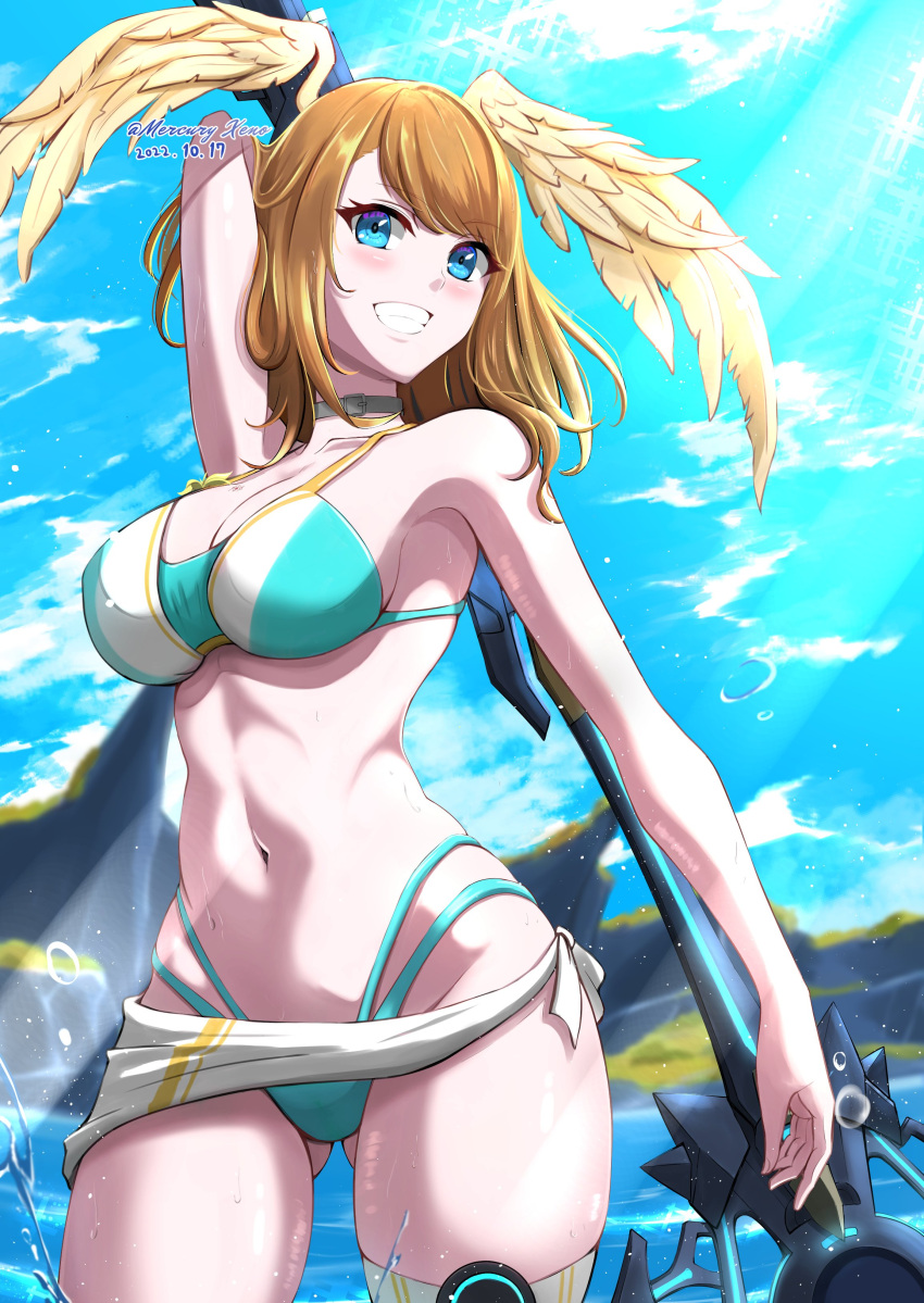 1chica seductor brazo_detrás_cabeza playa pechos_grandes bikini ojos_azules pechos cabello_marrón escote eunie_(xenoblade) solo mujer sonrisa piernas mirando_espectador mercurio_xeno nintendo océano pose posando pareo sensual sonrisa sudor tagme muslos tanga_bikini agua xenoblade_(serie) xenoblade_chronicles_3