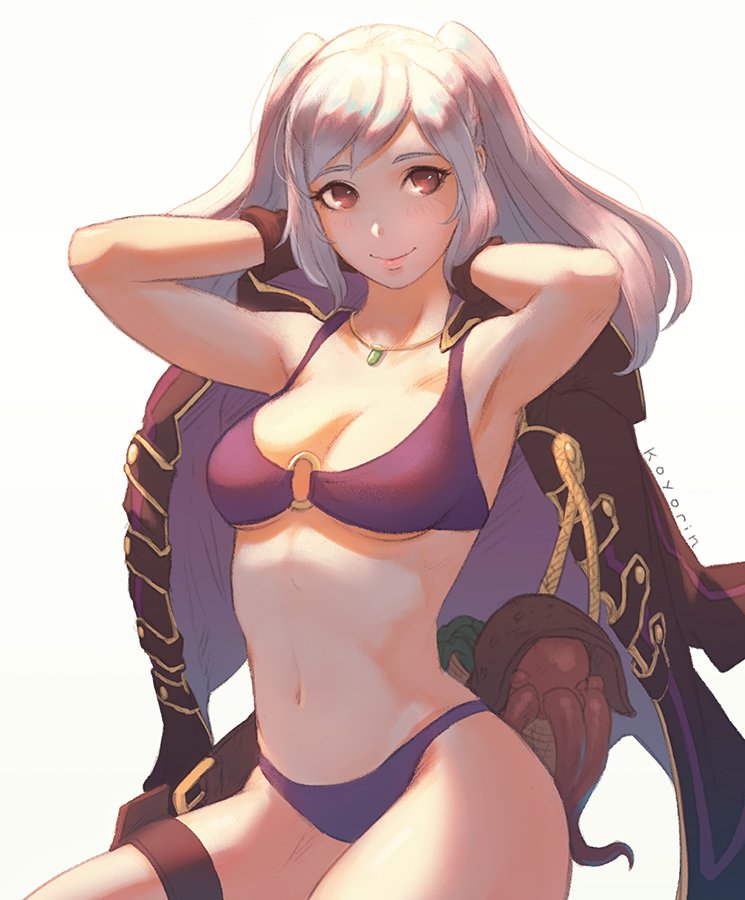 1girl seductor brazos arriba bikini bikini ropa interior escote emblema_fuego emblema_fuego despertar_emblema_fuego héroes manos_detrás de la cabeza koyorin pechos_medio nintendo robin_(emblema_fuego) robin_(emblema_fuego)_(mujer) robin_(verano)_(emblema_fuego)_(mujer) cabello_plateado colas gemelas