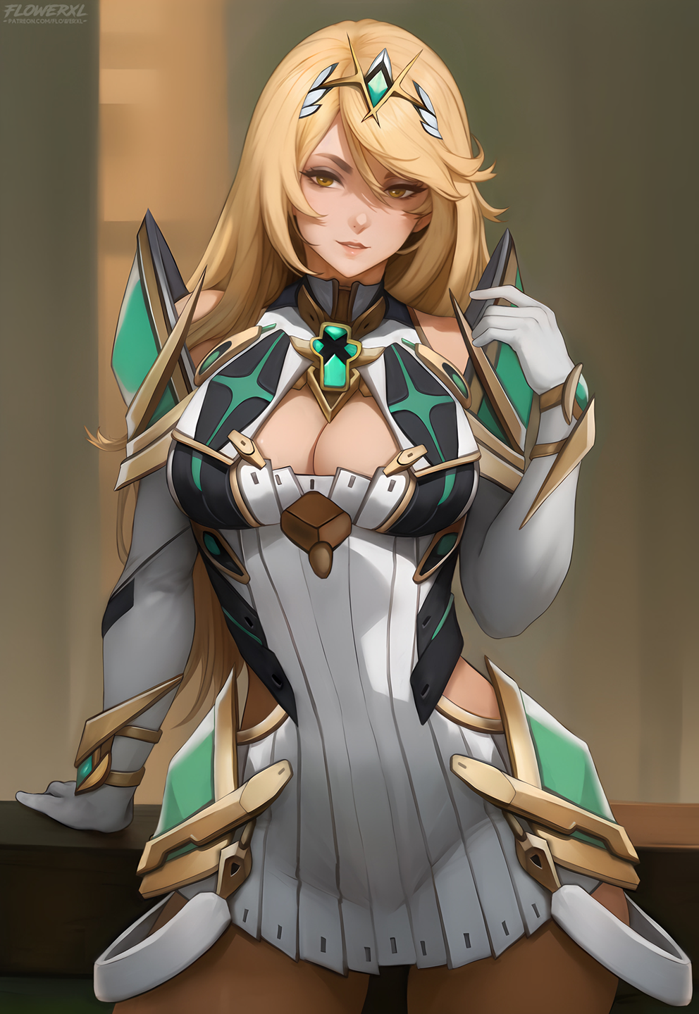 1chica seductor pechos grandes cabello_rubio escote solo mujer florxl piernas mytra nintendo sonriendo_al_visor xenoblade_(serie) xenoblade_chronicles_2 ojos_amarillos