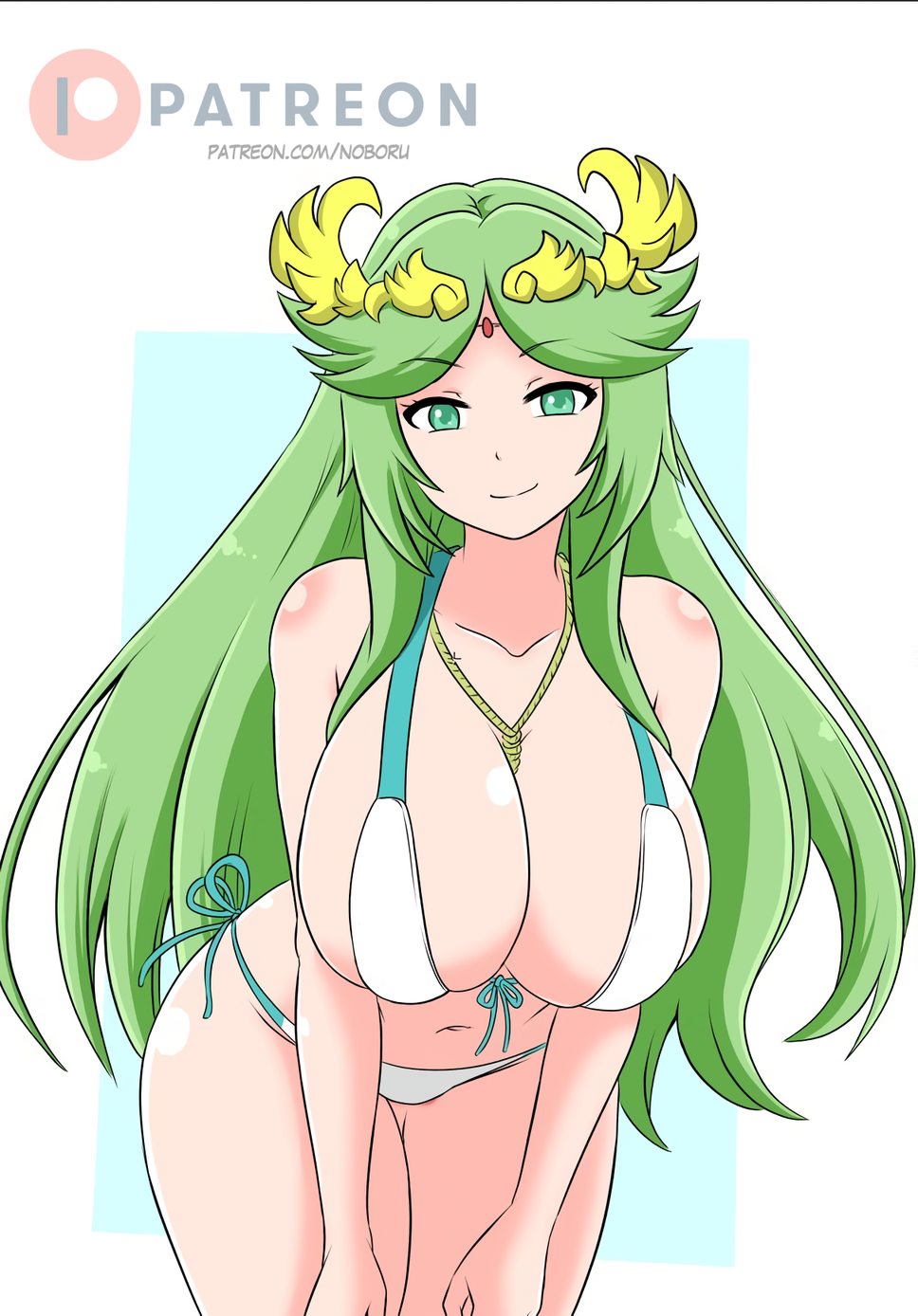 1chica 1chica 1chica seductor pechos grandes bikini escote solo mujeres ojos_verdes pelo_verde kid_icarus pelo_largo nintendo noboru palutena pin_up