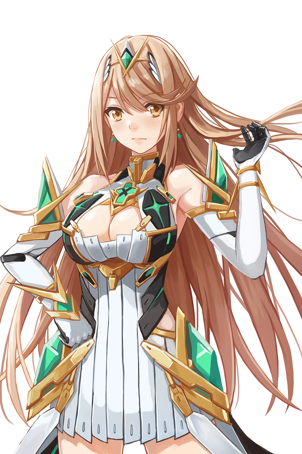 1girl 1girl seductor armadura hombros_desnudos pechos_grandes cabello_rubio sonrojo escote vestido codo_guantes guantes sombrerería alta_resolución cabello_largo mirando_al_visor mytra nintendo redpoke fondo_simple cabello_muy_largo fondo_blanco xenoblade_(serie) xenoblade_chronicles_2 ojos_amarillos