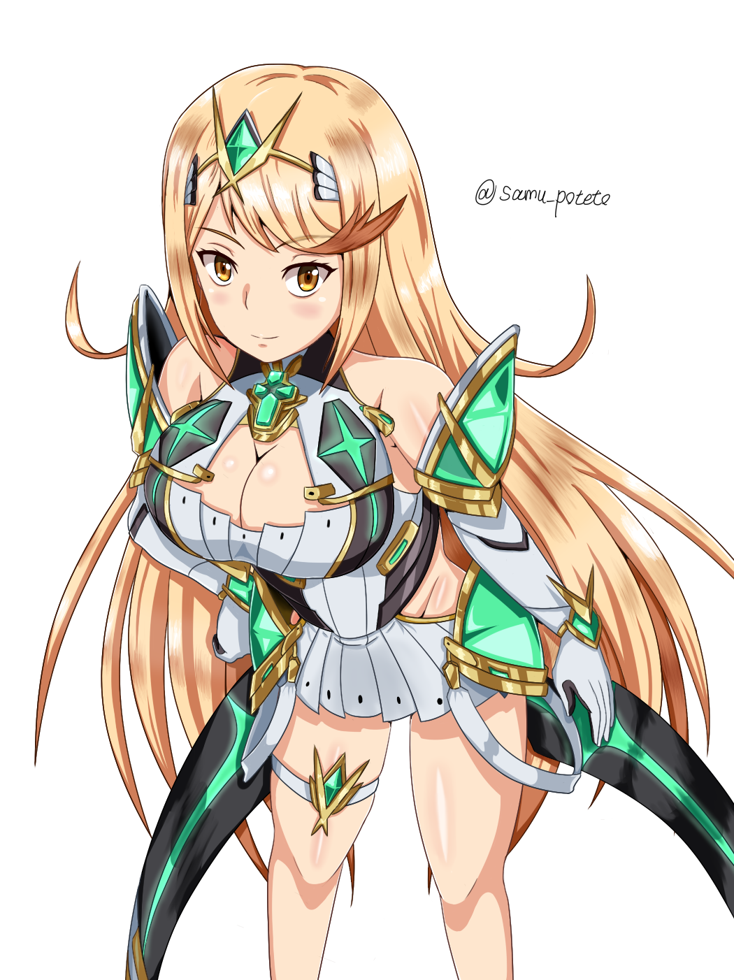 1girl 1girl seductor armadura pechos grandes cabello_rubio sonrojo pechos escote vestido guantes alta_resolución cabello largo mirando_al_espectador mytra nintendo samu_poteto sonrisa fondo_blanco xenoblade_(serie) xenoblade_chronicles_2 ojos_amarillos