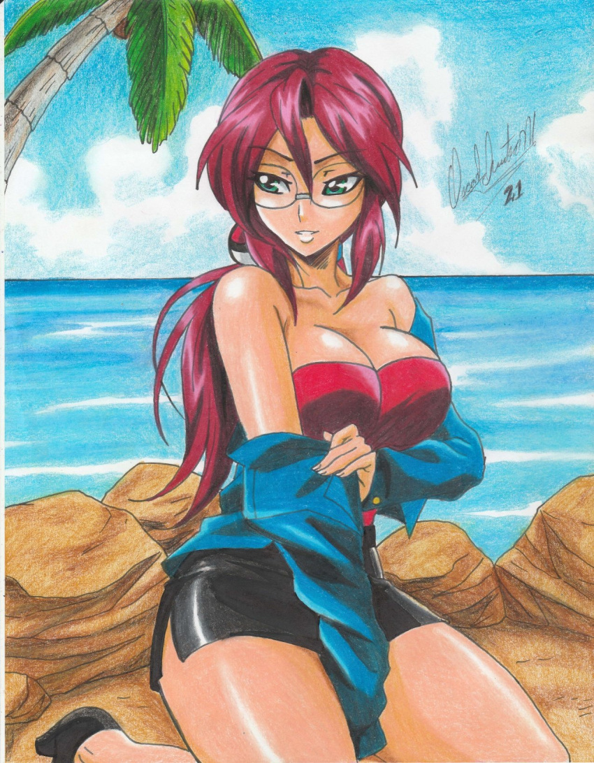 1girl 2021 seductor piernas_desnudas playa pechos grandes escote criaturas_(empresa) juego_freak gafas ojos_verdes tacones altos chaqueta de alta resolución lorelei_(pokemon) minifalda nintendo océano palmera falda lápiz poke_ball pokemon pokemon_(anime) pokemon_(anime_clásico) cola de caballo pelo_morado ravern_clouk ravernclouk_diseño pelo_rojo falda rock muslos sin tirantes árbol tube_top desnudándose