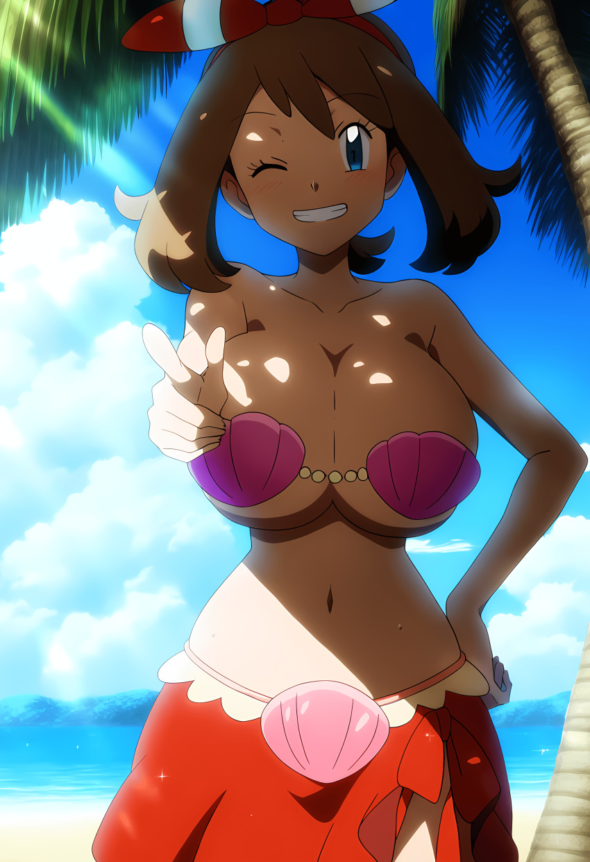 1girl ai_generated playa seductora pechos grandes bikini ojos_azules rubor pechos cabello_marrón criaturas_(compañía) enfoque_femenino fanático del juego haruka_(pokemon) mirando_al_visor may may_(pokemon) mayday_(artista) ombligo nintendo novelai one_eye_closed palm_tree pokemon_(anime)