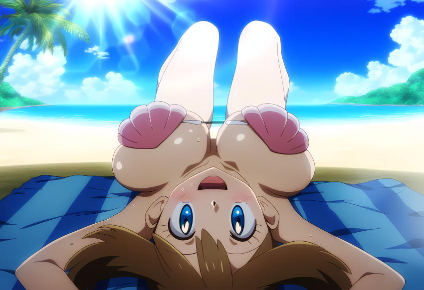 1girl estilo_arte_preciso seductor piernas_desnudas playa pechos_grandes bikini ojos_azules cielo_azul cabello_marrón escote mirando_espalda_al_visor may may_(pokemon) mayday_(artista) nintendo ocean on_beach_towel pokemon pokemon_rse_(anime) posando bikini_concha sujetador_concha