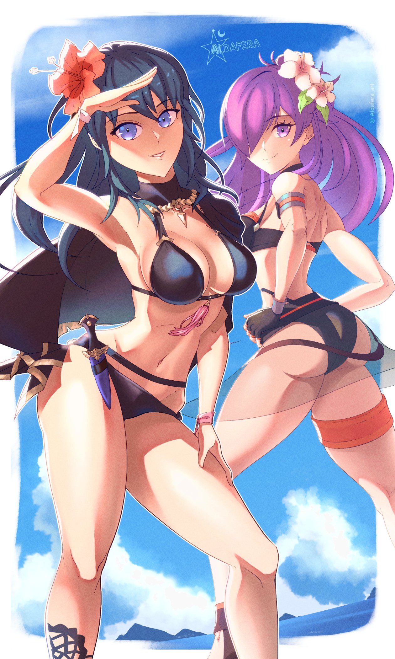 2_chicas aldafera seductora traje_alterno ojos_agua culo pechos_grandes bikini bikini_negro traje de baño_negro byleth_(emblema_de_fuego) byleth_(emblema_de_fuego)_(mujer) byleth_(verano)_(emblema_de_fuego)_(mujer) solo mujer_emblema_de_fuego emblema_de_fuego:_tres_casas_emblema_de_fuego_héroes_emblema_de_fuego_guerreros_de_fuego:_tres_esperanzas medio_ pechos nintendo disfraz_alternativo oficial pelo_morado shez_(mujer )_(fire_emblem) shez_(female)_(verano)_(fire_emblem) shez_(fire_emlem) traje de baño pelo_verde azulado