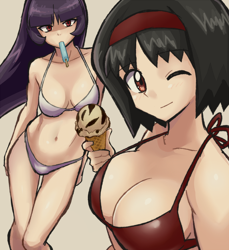 2_chicas seductoras brazos_desnudos piernas_desnudas hombros_desnudos pechos_grandes bikini escote criaturas_(compañía) erika erika_(pokemon) comida freak_de_juegos líder_de_gimnasio helado cono_de_helado cabello_largo mirando_al_visor abdomen múltiples_chicas nakaba ombligo nintendo un_ojo_cerrado pokemon pokemon_frlg pokemon_rgby paleta bikini_rojo sabrina sab rina_(pokemon) pelo_corto pecho lateral fondo_simple sonrisa traje de baño bikini_blanco guiño