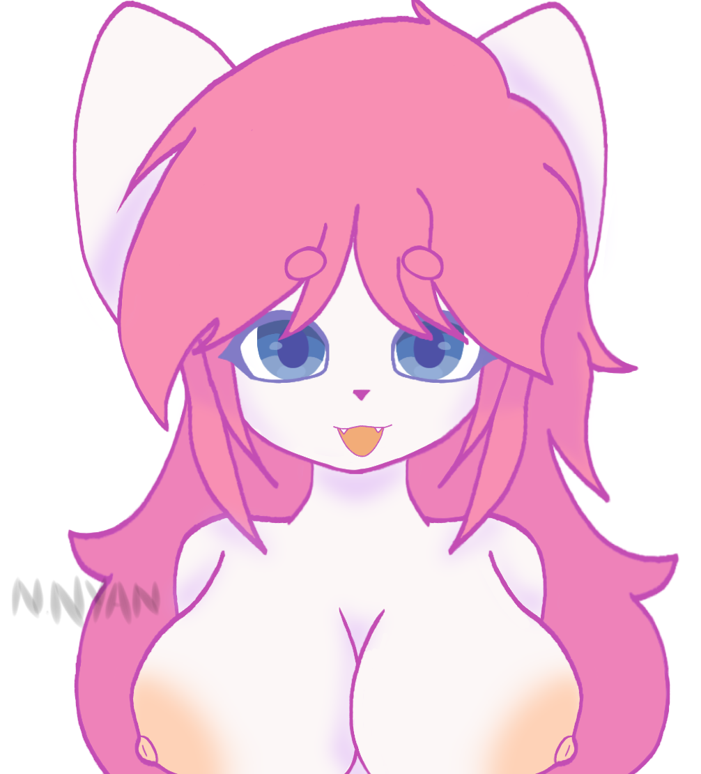 1girl anthro pechos grandes ojos_azules orejas_de_gato colmillos pelaje pezones peludos pelo_rosa topless