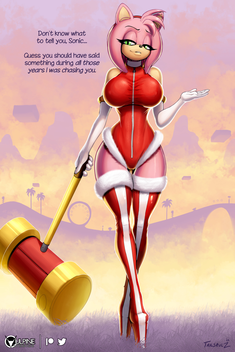 1 chica seductora amy_rose anthro pechos grandes vestidos ojos verdes martillo erizo holding_hammer sega sonic_the_hedgehog_(serie) tailsrulz