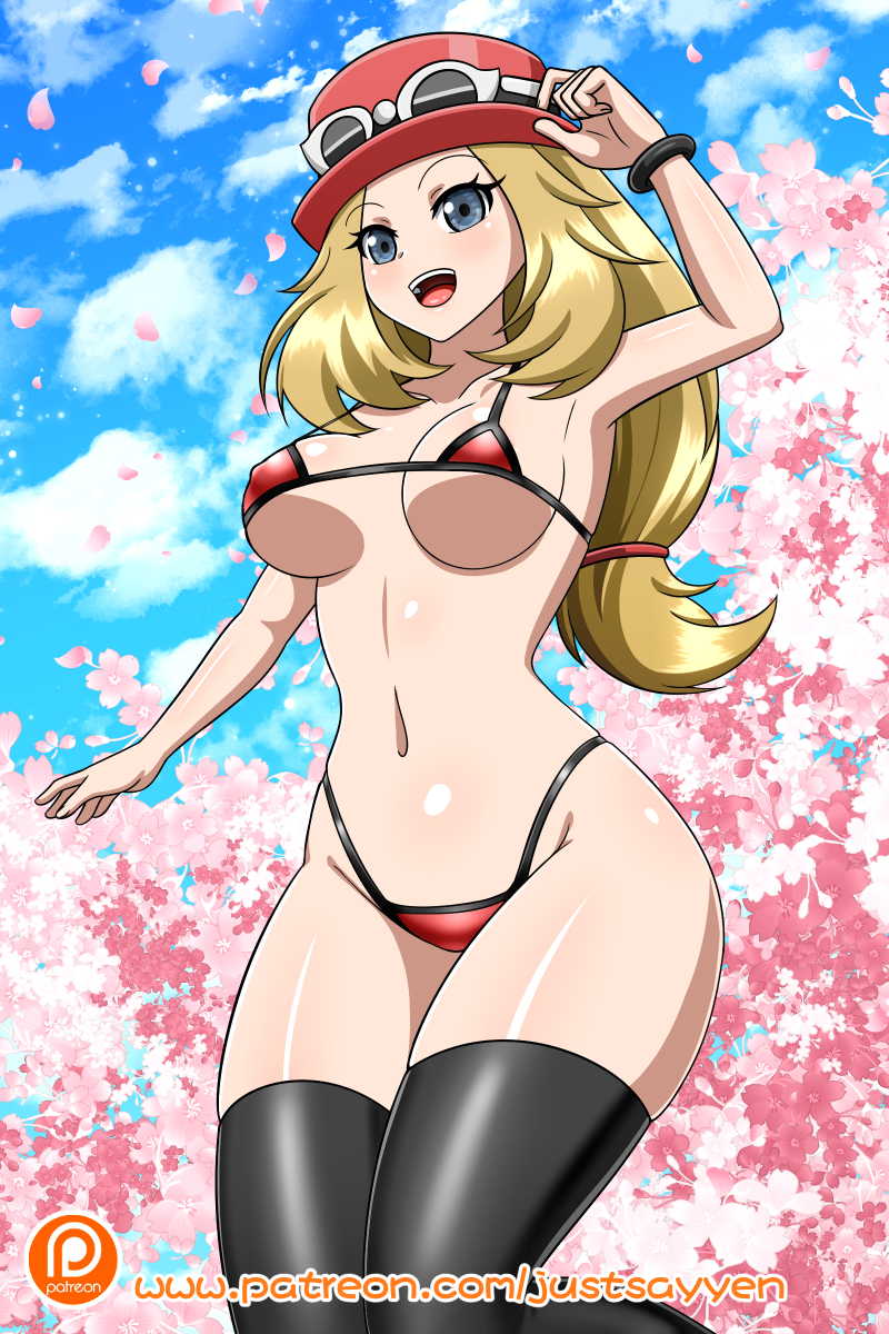 1girl seductor bikini cabello_rubio ojos_azules rubor pechos figura_con curvas gafas sombrero cabello_largo micro_bikini nintendo pokemon pokemon_xy serena serena_(pokemon) serena_(juegos_pokemon) medias gafas de sol gafas de sol_en_sombrero gafas de sol_en_cabeza muslos_gruesos muslo_gap muslos debajo_teta yensh