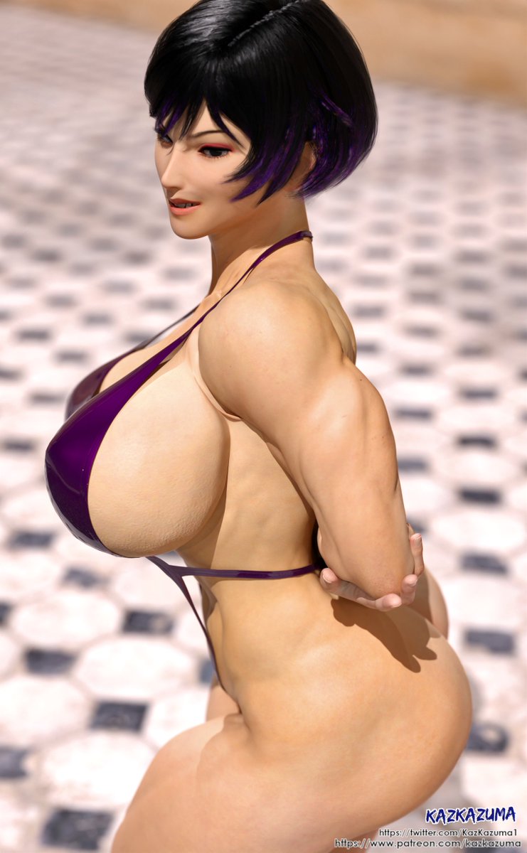 1girl 1girl 3d 3d_(obra de arte) seductor mujer_asiática culo mujer_atlética piernas_desnudas pechos_grandes bikini cabello_negro_y_morado derechos de autor nombre_derecho fondo_detallado enfoque_femenino solo_femenino ajuste_femenino manos_detrás_detrás kazkazuma namco ojos_morados traje de baño_morado reina_(tekken) pelo_corto sling_bikini traje de baño tekken tekken_8